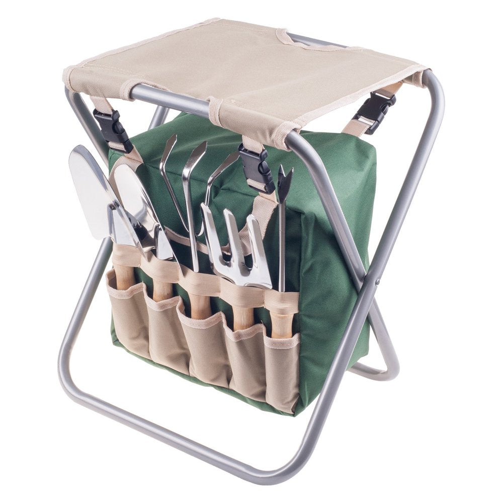 Folding Garden Stool with Tool Bag and 5 Garden Tools