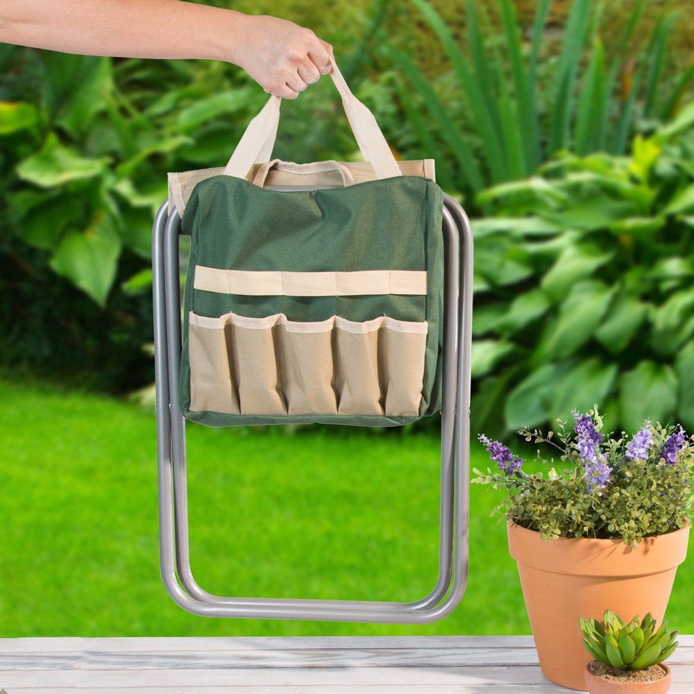 Folding Garden Stool with Tool Bag and 5 Garden Tools